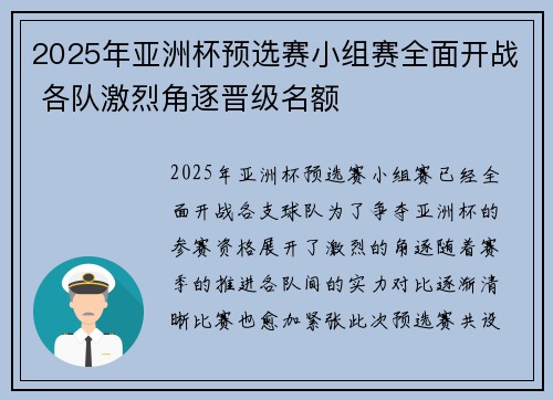 2025年亚洲杯预选赛小组赛全面开战 各队激烈角逐晋级名额